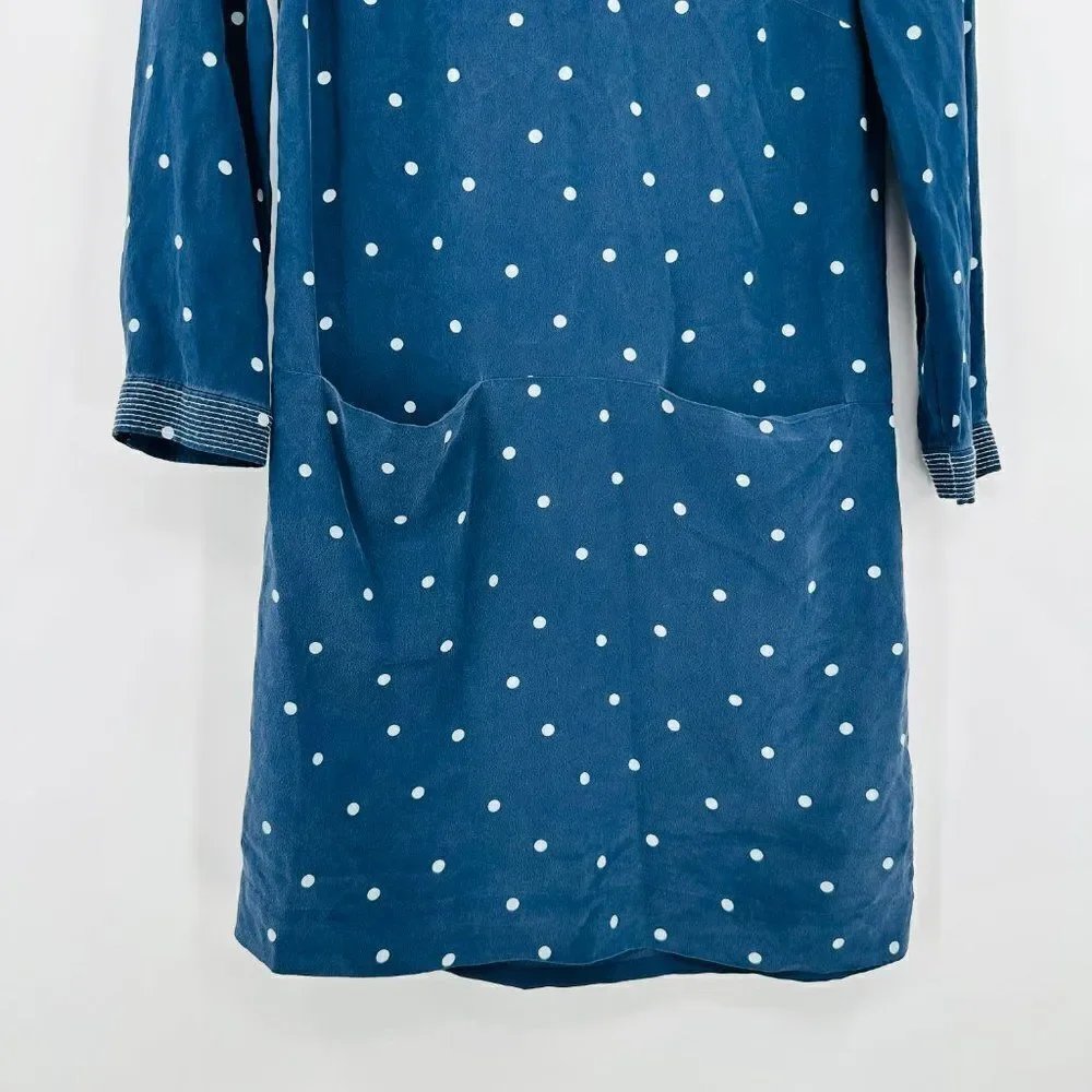 J. Crew Size 00 Navy Blue & White Polka Dot 100% Silk 3/4 Sleeve Shift Dress